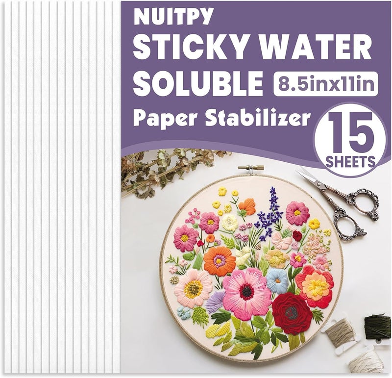 NUITPY 15PCS 8.5" x 11" Water Soluble Stabilizer for Embroidery, Stick and Stitch Embroidery Paper Wash Away, Embroidery Stabilizer, Water Soluble Embroidery Patterns, Embroidery Transfer Paper - Image 1